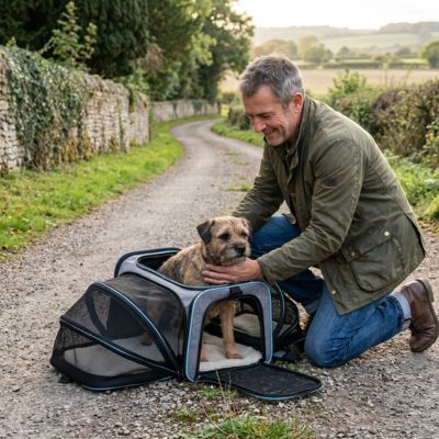 homme avec son border terrier dans un sac de transport bleu pour chien pliable sur chemin de campagne