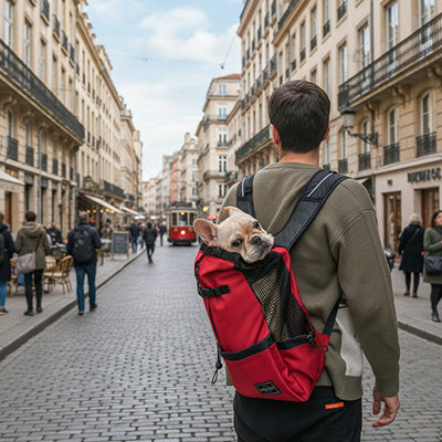 homme de dos rue pavee sac a dos pour chien chihuahua rouge