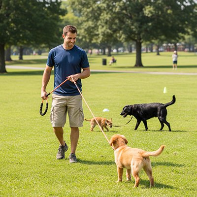 homme entraine chiot avec longe pour chien