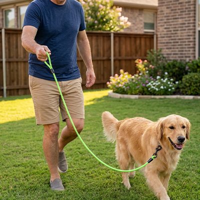 homme golden retriever jardin laisse pour chien vert fluo