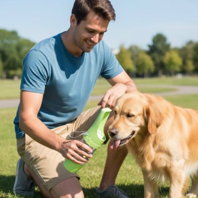 homme golden retriever parc gourde pour chien vert menthe portable promenade