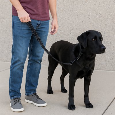 homme labrador laisse chien noir