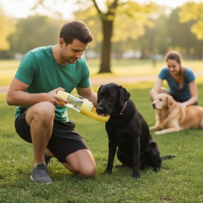 homme labrador noir parc gourde pour chien jaune 2 en 1 promenade