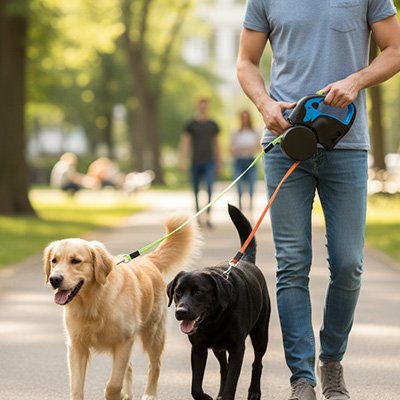homme marche deux chiens laisse double pour chien bleu