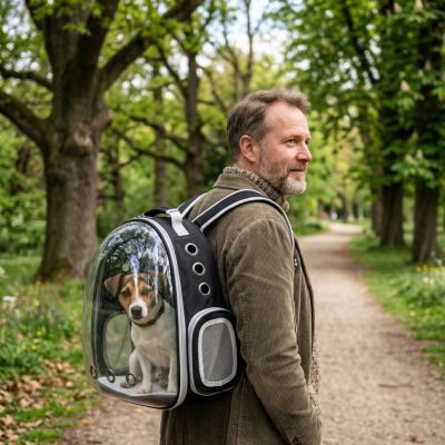 homme parc portant sac a dos chien capsule spatiale noir jack russell