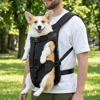 homme parc portant sac de transport pour chien noir corgi