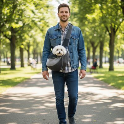 homme parc sac de transport pour chien bandouliere argent bichon