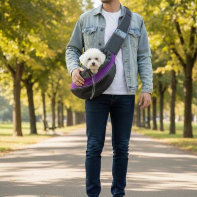 homme parc sac de transport pour chien bandouliere mauve bichon