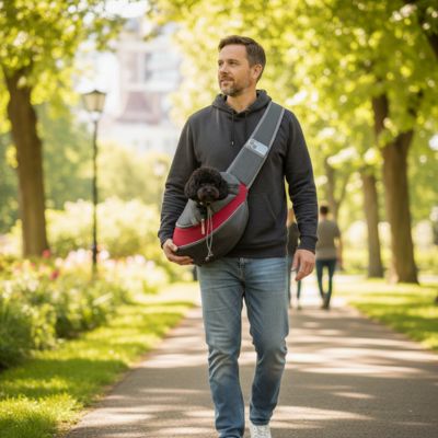 homme-parc-sac-de-transport-pour-chien-bandouliere-rouge-caniche-noir
