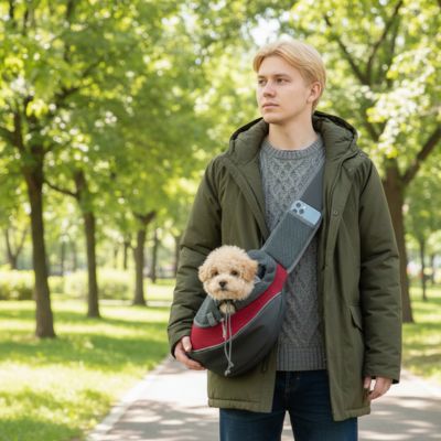 homme parc sac de transport pour chien bandouliere rouge caniche veste verte