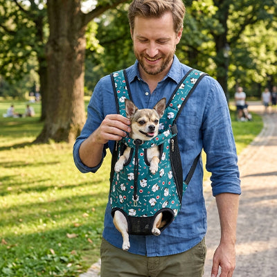 homme parc sac transport chien ventral floral vert chihuahua
