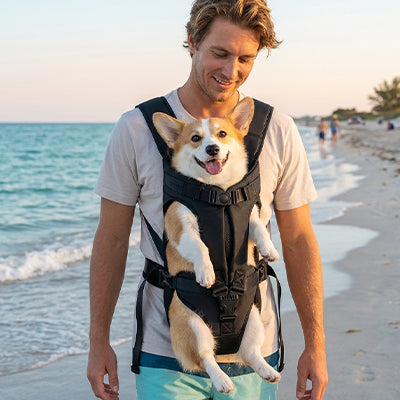homme plage portant sac de transport pour chien noir corgi