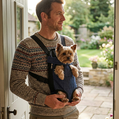 homme porte jardin yorkshire sac de transport chien bleu marin porte devant