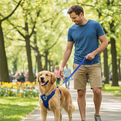 homme promenant son golden retriever avec un harnais pour chien maille bleu et laisse en parc