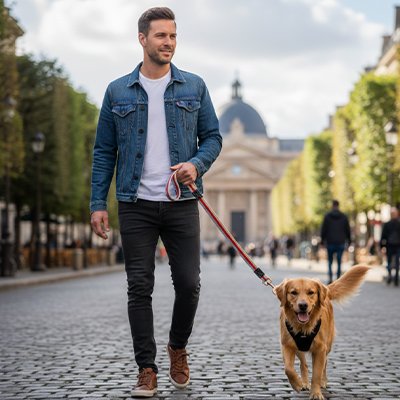 homme promene son golden laisse pour chien rouge