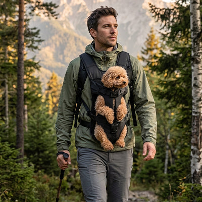 homme randonnee portant sac de transport pour chien noir caniche