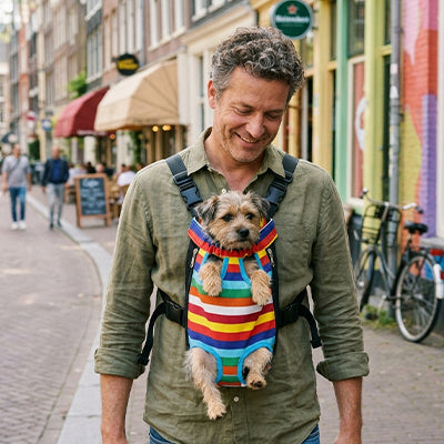 homme rue amsterdam border terrier sac de transport chien multicolore porte devant