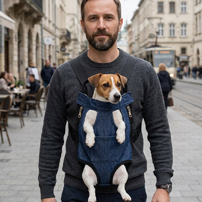 homme rue ville jack russell sac de transport chien bleu marin porte devant