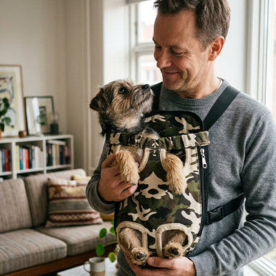 homme souriant salon border terrier sac de transport chien camouflage porte devant