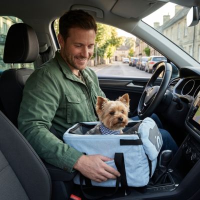 homme souriant voiture yorkshire sac de transport pour chien voiture bleu clair siege passager