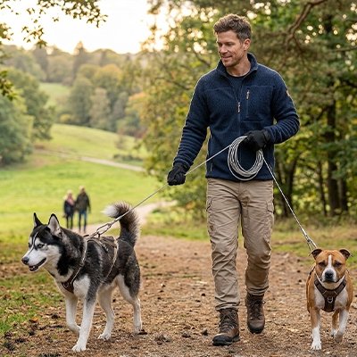 homme tenant husky terrier laisse cable pour chien