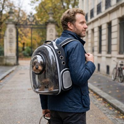 homme ville portant sac a dos chien capsule spatiale noir petit chien brun
