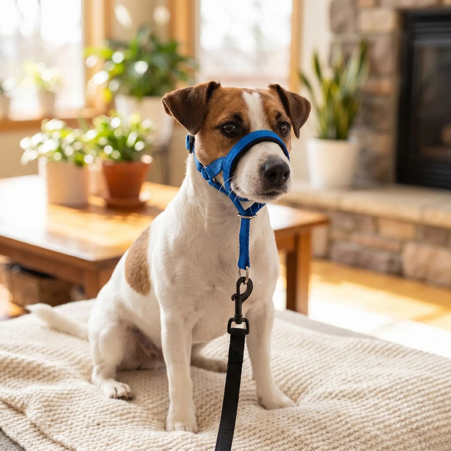 jack russell museliere chien licou bleu nylon interieur salon