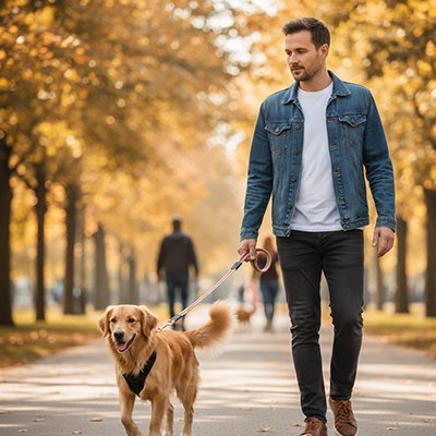 jeune homme marche son golden avec laisse pour chien