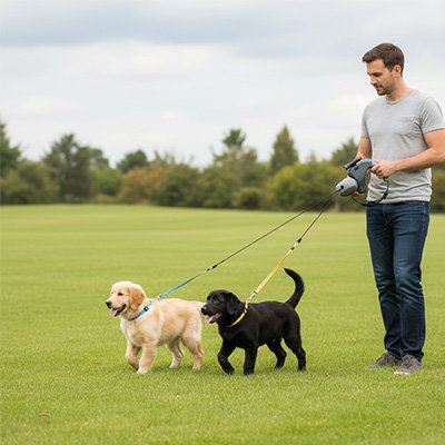 jeune homme promene chiots avec laisse double pour chien