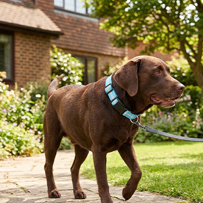 labrador chocolat dans un jardin avec un collier lumineux chien led bleu