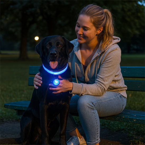 labrador noir avec sa maitresse sur un banc portant un collier lumineux pour chien led bleu