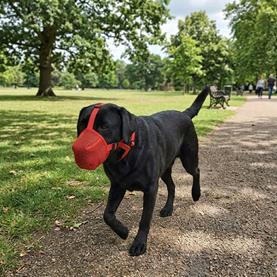 labrador noir museliere chien maille rouge anti morsure parc allee