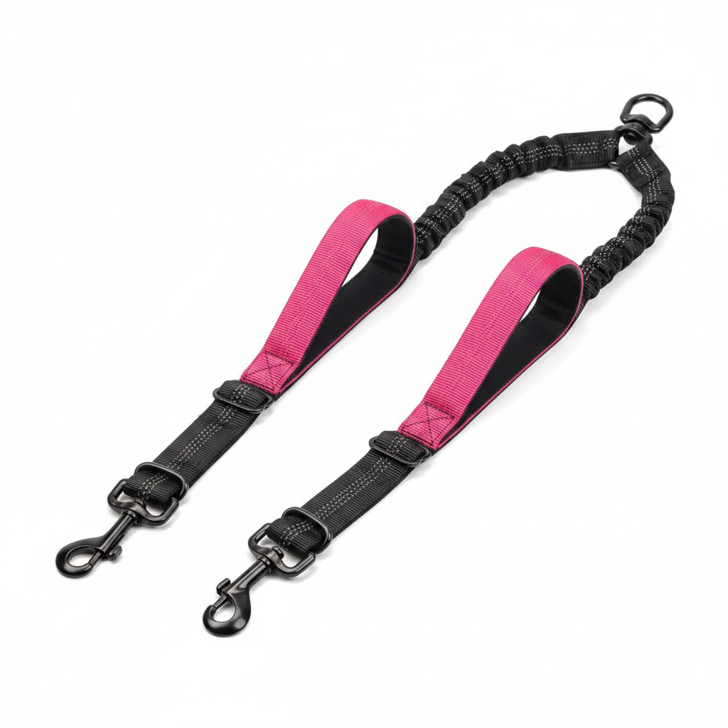 laisse double chien deux poignees rose fuchsia fond blanc