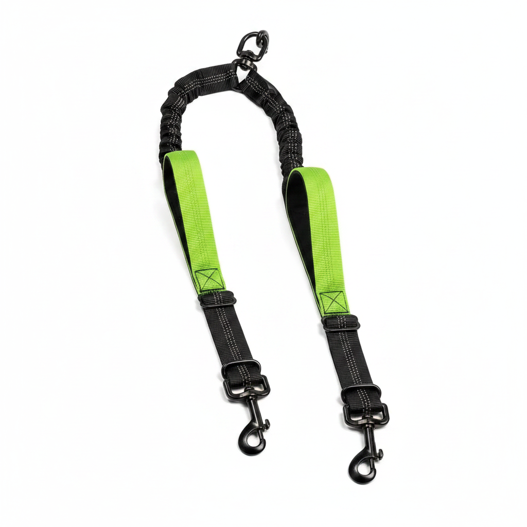 laisse double chien deux poignees vert fluo fond blanc