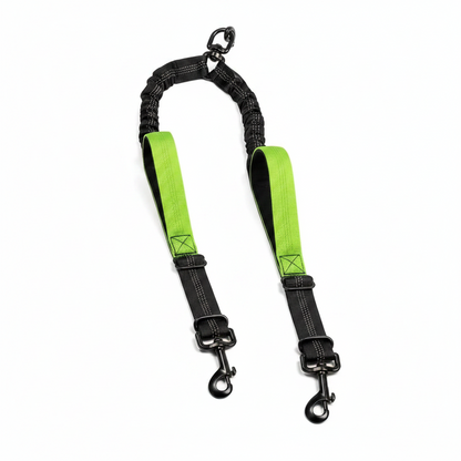 laisse double chien deux poignees vert fluo fond blanc