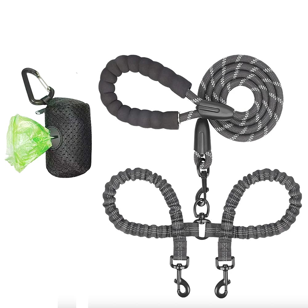 laisse double pour chien noir gris fond blanc