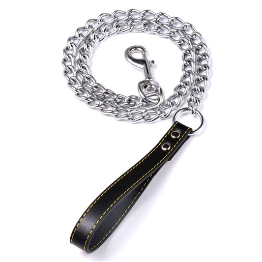 laisse pour chien chaine robuste poignee cuir noir fond blanc 