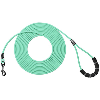 laisse pour chien pvc vert menthe enroulee poignee rembourree fond blanc