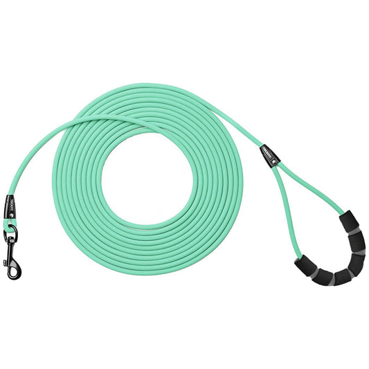 laisse pour chien pvc vert menthe enroulee poignee rembourree fond blanc