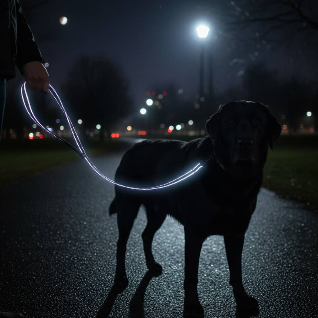 laisse pour chien reflechissante noir nuit coutures brillantes