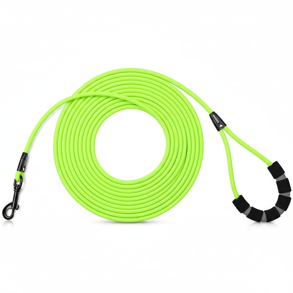 laisse pvc vert fluo neon enroulee poignee rembourree fond blanc