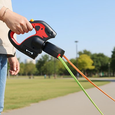 main homme avec laisse double pour chien rouge