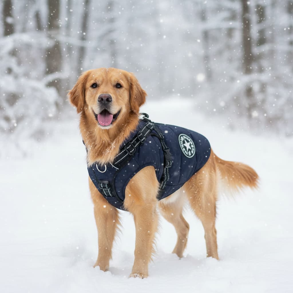 manteau chien impermeable harnais integre bleu marine golden retriever