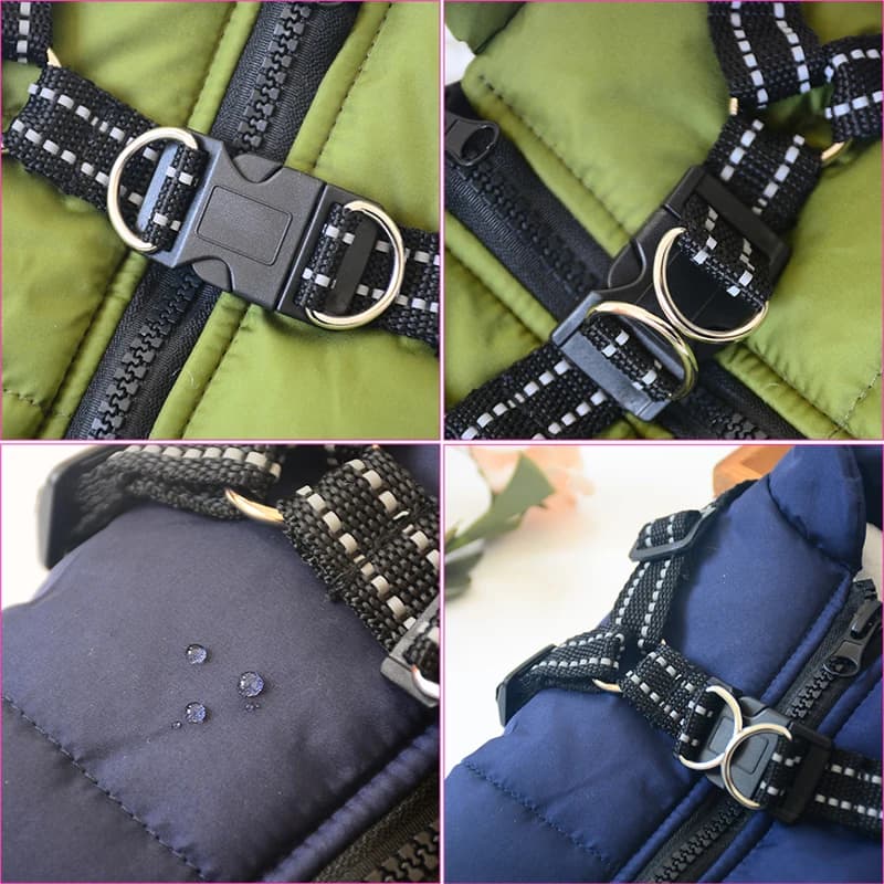 manteau chien impermeable harnais integre details anneau d reflechissant