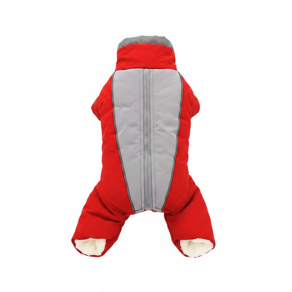 manteau chien impermeable reflechissant rouge dos fond blanc