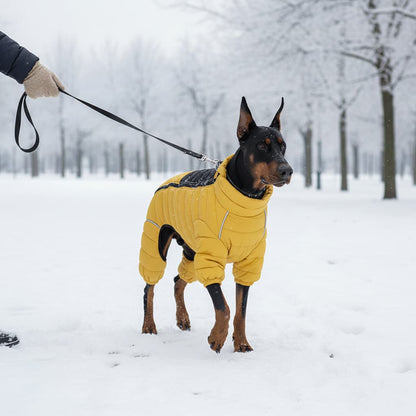 manteau pour chien 4 pattes jaune doberman parc hiver neige
