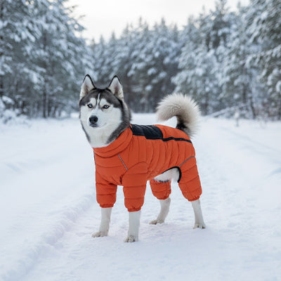 manteau pour chien 4 pattes orange husky foret neige