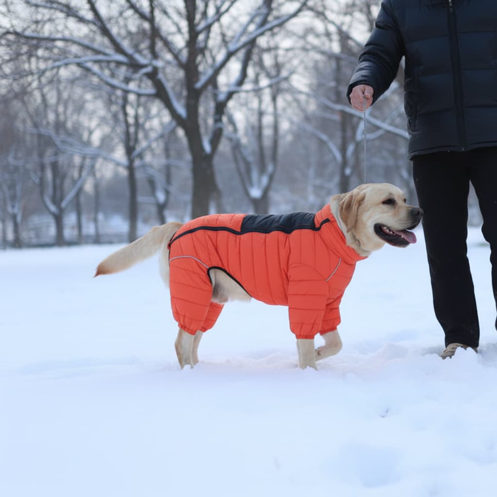 manteau pour chien 4 pattes orange labrador laisse neige hiver