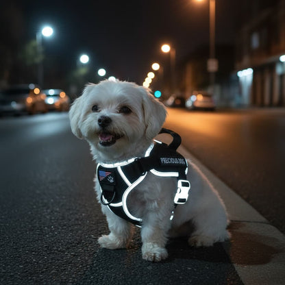 petit chien blanc avec harnais chien reflechissant noir nuit