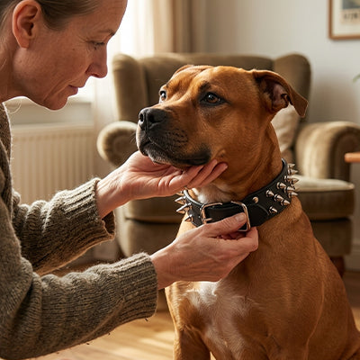 pitbull roux avec collier chien a pointes rouge grande race